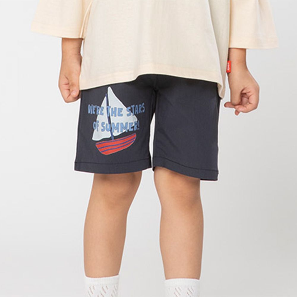 鬆緊腰帆船插畫短褲-海軍藍