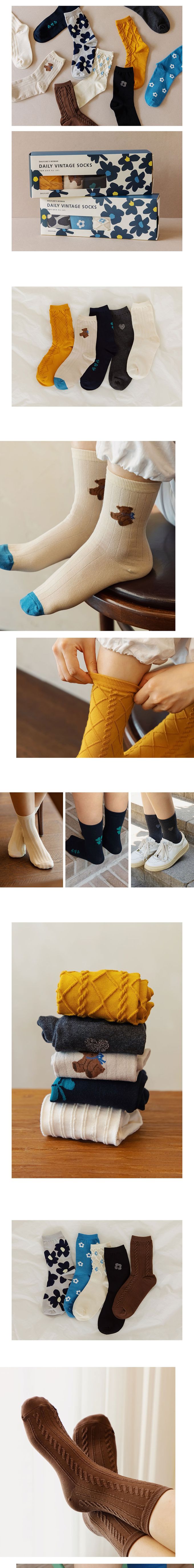 韓國 Daily Like - 女用襪子/中筒襪5入組-花朵02 (220~250mm)