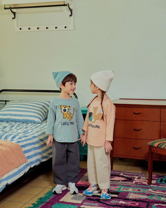 韓國 First Blue - 動物印花長袖上衣-松鼠-淺橘杏