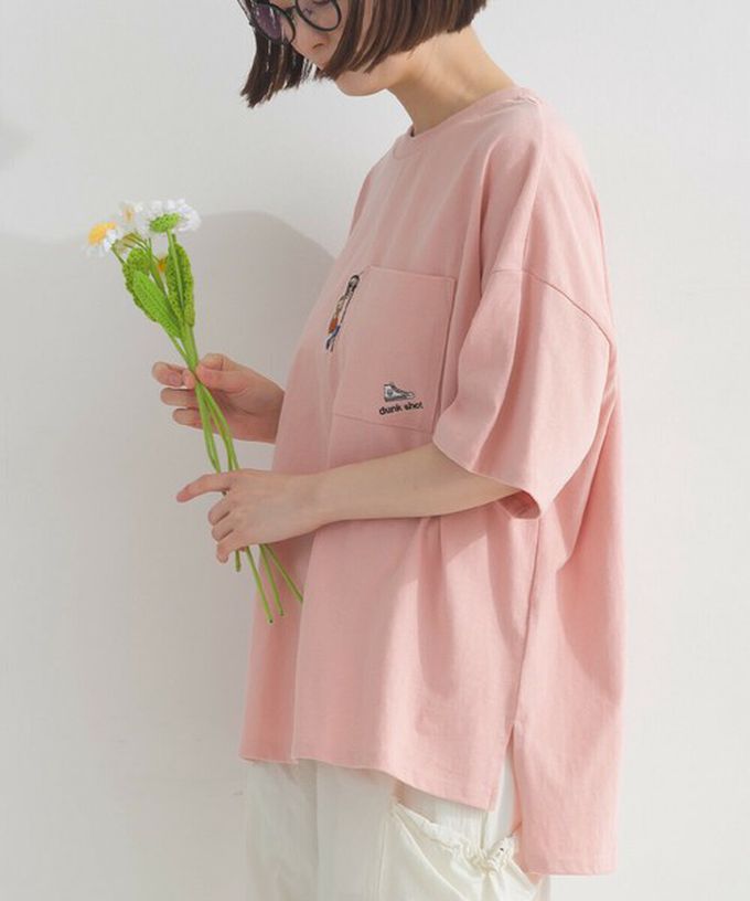 日本 Lupilien - 16支天竺棉俏皮動物刺繡寬大口袋T恤-海軍藍