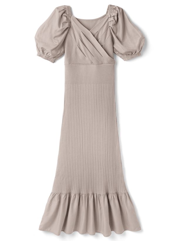 日本 GRL - 甜美桃心領泡泡短袖洋裝-淺卡其