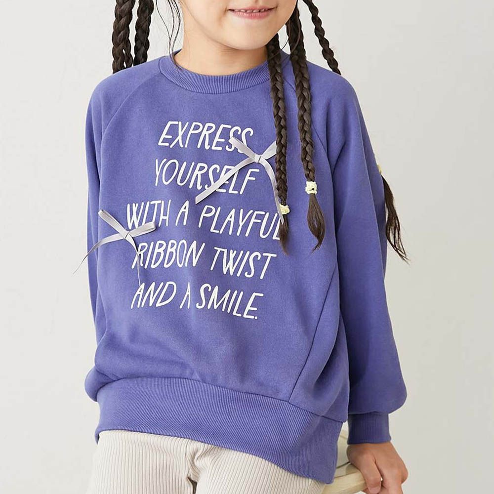 可愛女孩印花縮口長袖上衣-蝴蝶結緞帶-藍紫