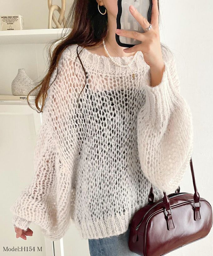 日本 Classical Elf - 甜美船領針織洞洞大寬袖毛衣-湖水綠