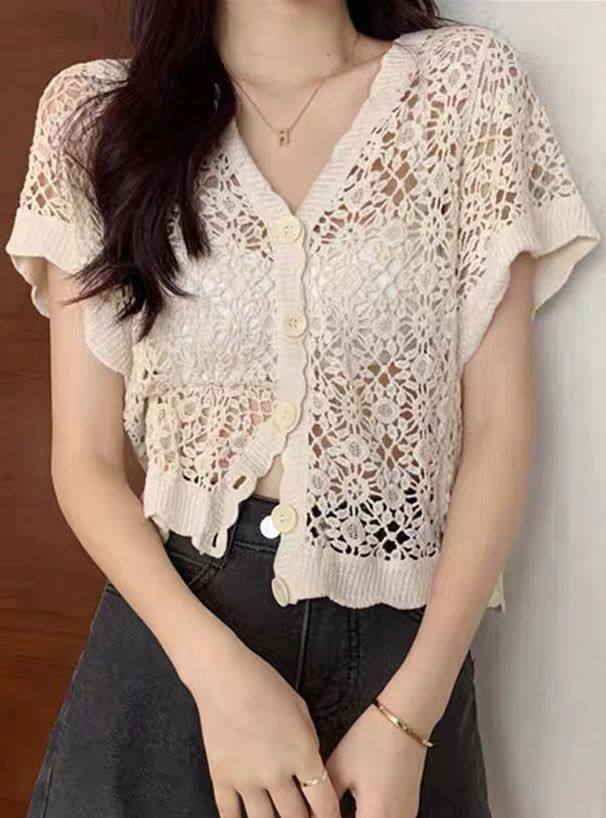 日本 GRL - 花朵鉤針V領薄外套-米杏