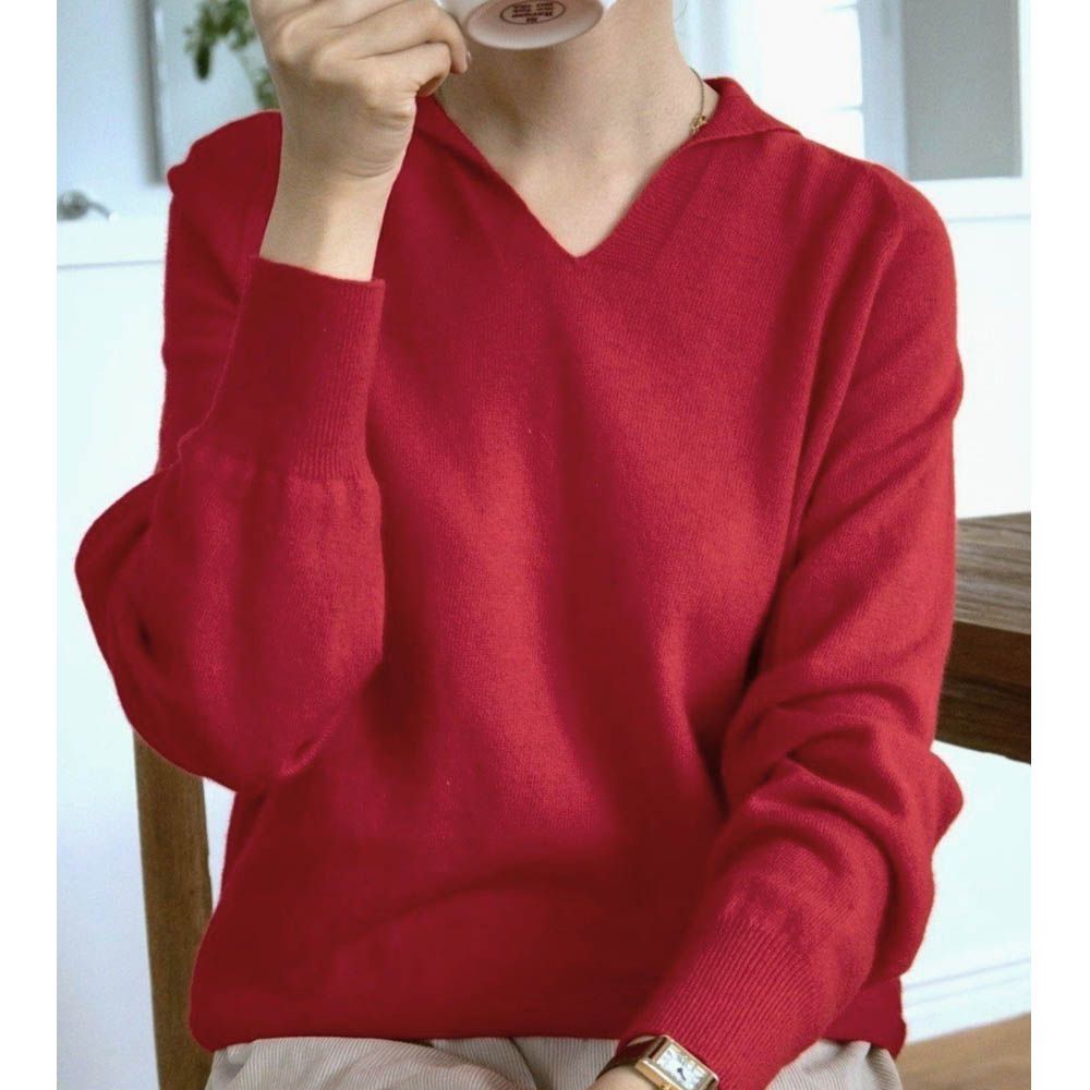 柔軟美麗諾羊毛無縫V字翻領長袖針織上衣-紅 (FREE)