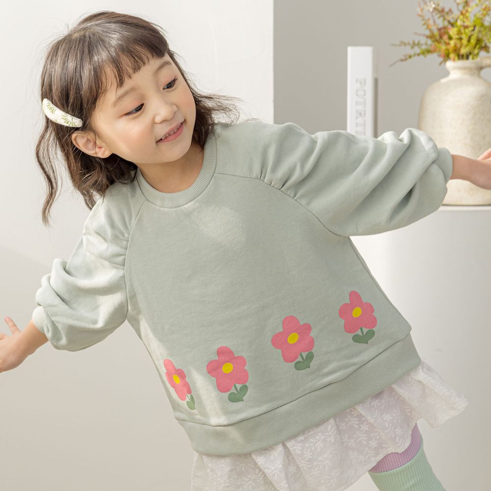 韓國 Orange Mom - 假兩件花花泡泡袖上衣-薄荷綠