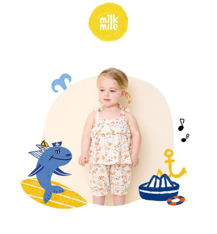 韓國 milk mile - 花紋細肩帶層次套裝-白混花紋