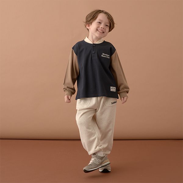 日本 b-ROOM - 運動風立領長袖Polo衫-深藍x棕