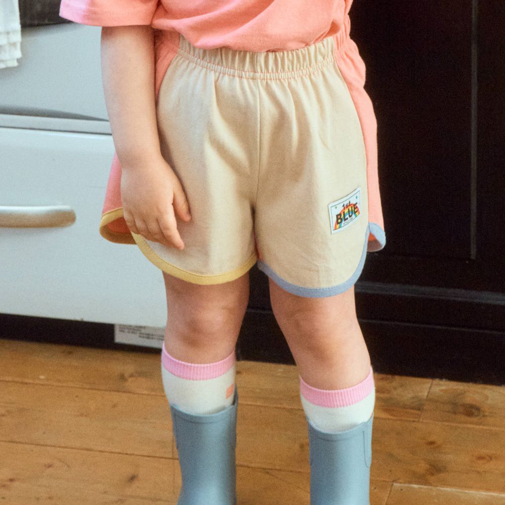 First Blue 鬆緊腰拼色純棉短褲-卡其杏X粉