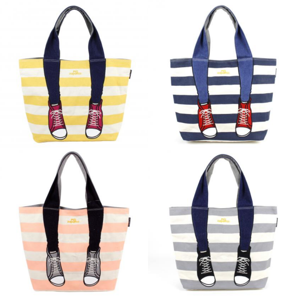 mis zapatos - 肩背托特美腿包(帆布)-條紋運動鞋-GY灰色 (21*30*15cm)