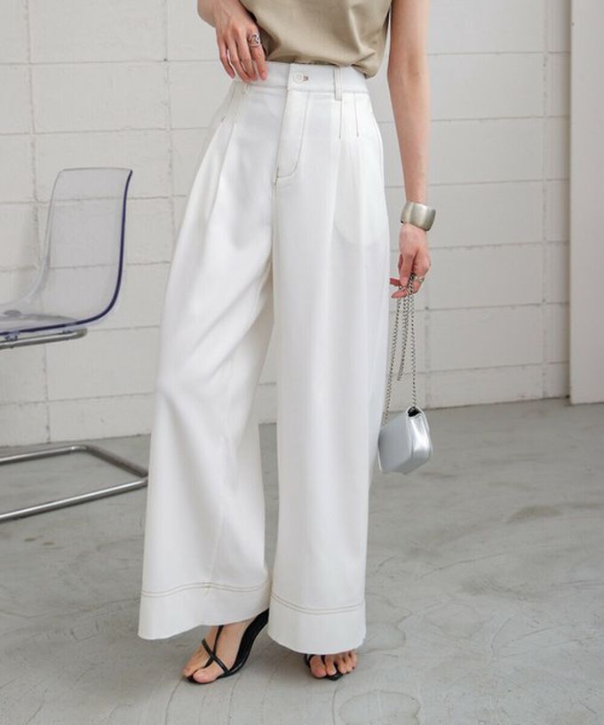 日本 Bab - 簡潔縫線俐落寬版長褲-白