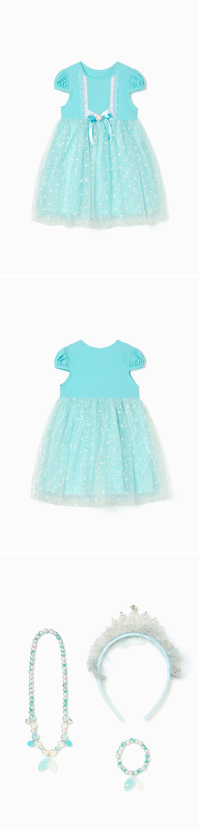 韓國 OZKIZ - (附配飾)公主點綴短袖紗裙洋裝-湖水綠