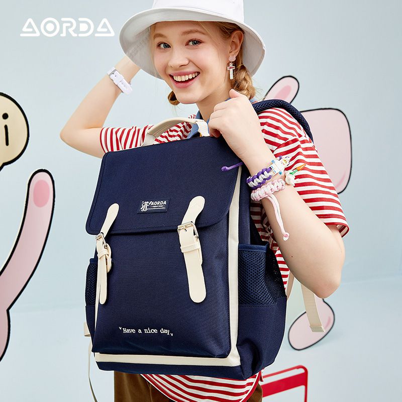 簡約少女感磁釦翻蓋書包-黑色 (28x38.5x15cm)