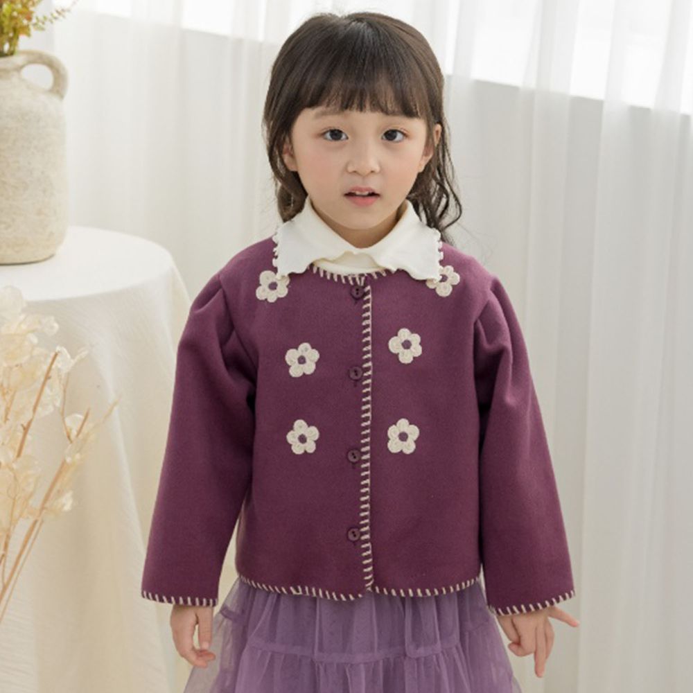 韓國 Orange Mom - 毛邊縫線刺繡花花外套-紫