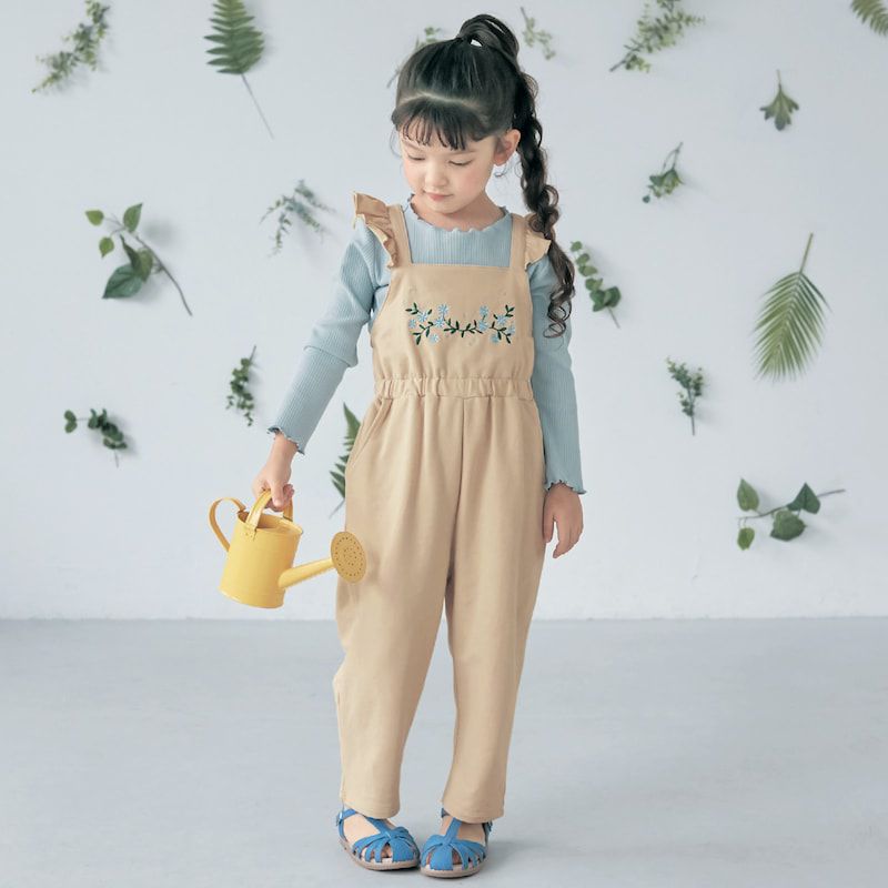 日本千趣會 - 肩膀荷葉邊花朵刺繡吊帶褲-海軍藍