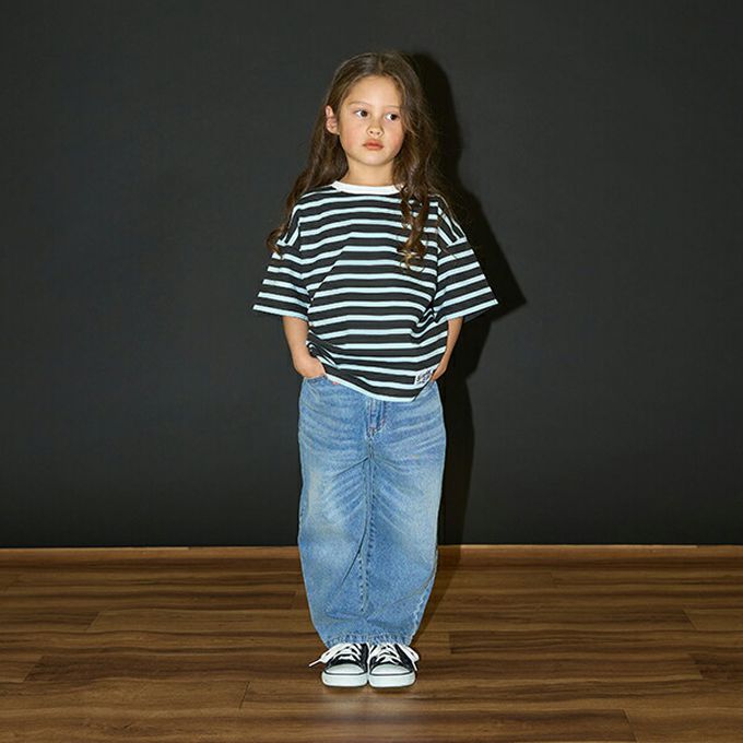 日本 b-ROOM - 柔軟不易皺條紋落肩短袖上衣-綠x紫