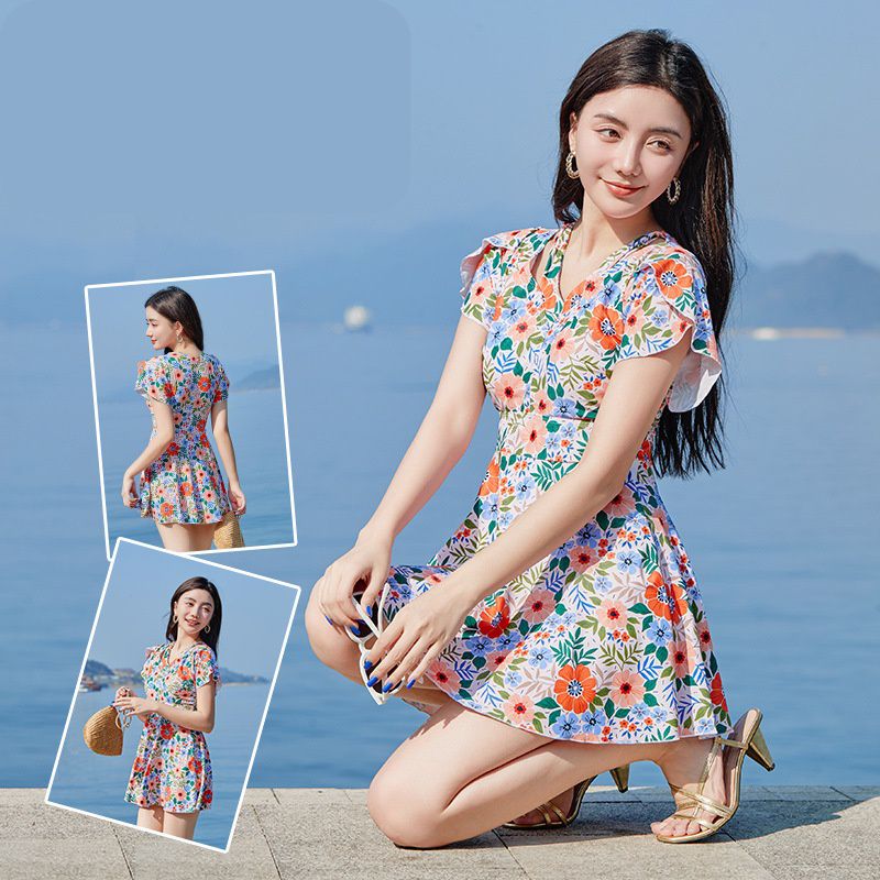 甜美碎花修身顯瘦遮肉連身裙泳衣-滿版花花-深藍+橘