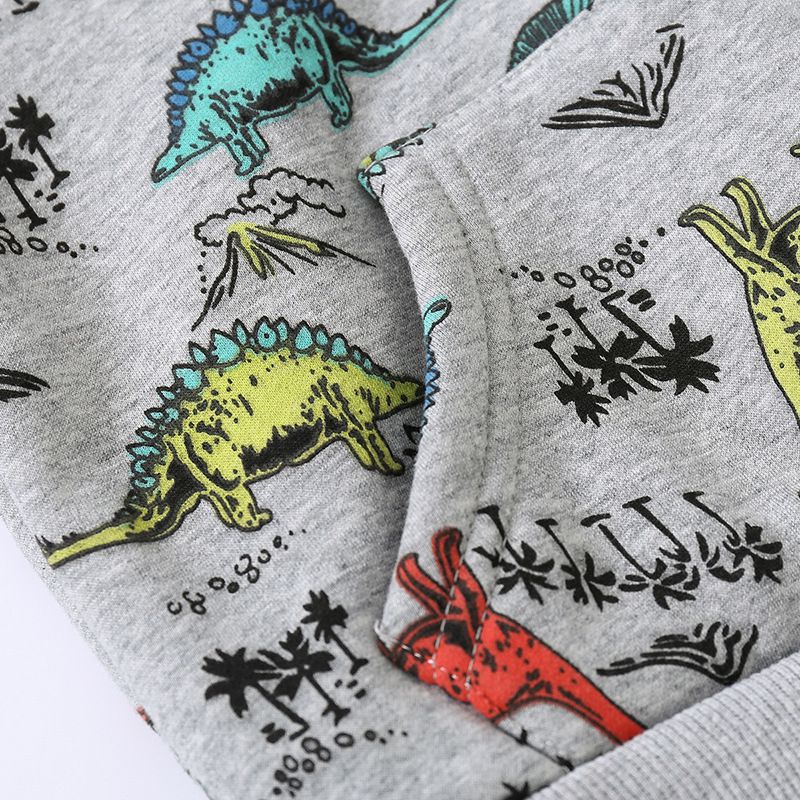 WELLKIDS - 加絨印花連帽長袖上衣/帽T-滿滿繽紛恐龍-灰色