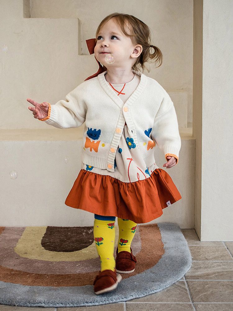 韓國Pimpollo - 微笑花朵荷葉邊洋裝-橘