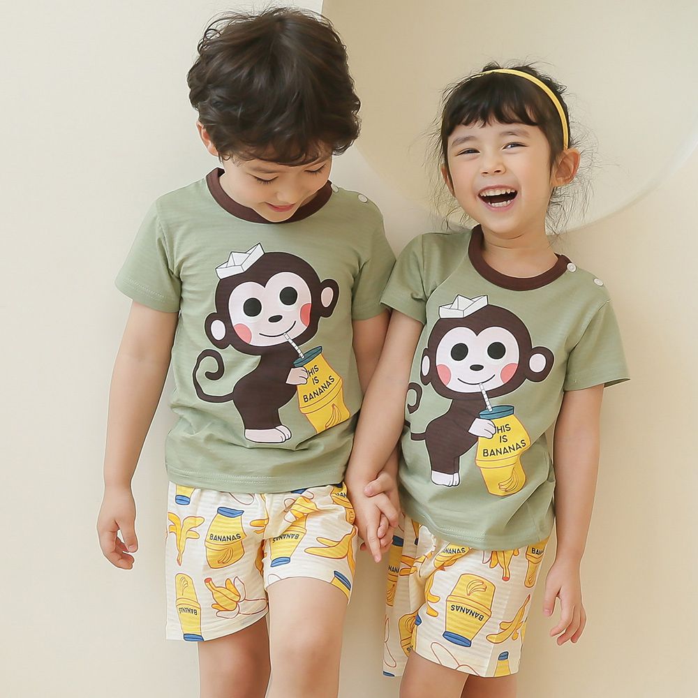 正韓 Puco - 超優質嬰幼兒/兒童短袖100% 有機棉家居服/睡衣-猴子喝香蕉牛奶