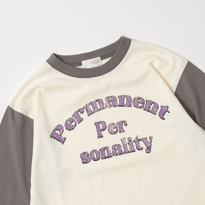 日本 b-ROOM - 100%棉 簡約logo撞色長袖上衣-炭灰