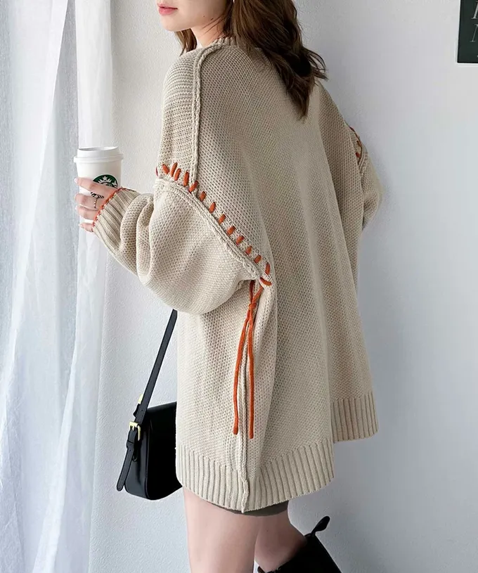 日本 Classical Elf - Java 落肩滾邊縫線粗針織長版上衣-黑x白