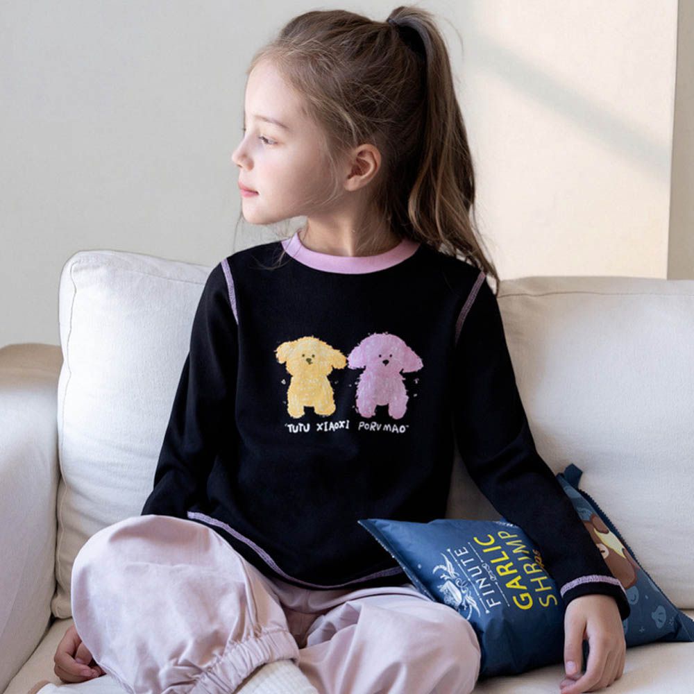 撞色車線圓領長袖上衣-萌趣卡通-黑色