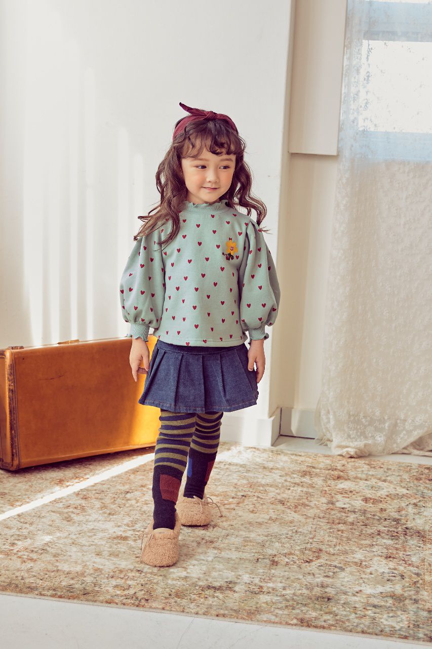 韓國 Mimico - (裏起毛)微笑花朵愛心泡泡袖T-薄荷綠