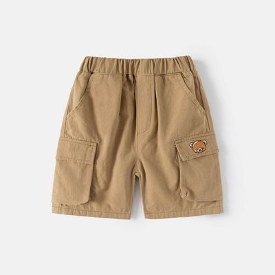 WELLKIDS - 純棉腰鬆緊休閒五分褲-刺繡熊-卡其