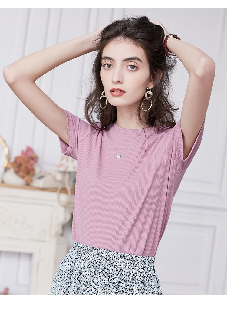 慵懶格調圓領短袖上衣-淺紫色 (M)