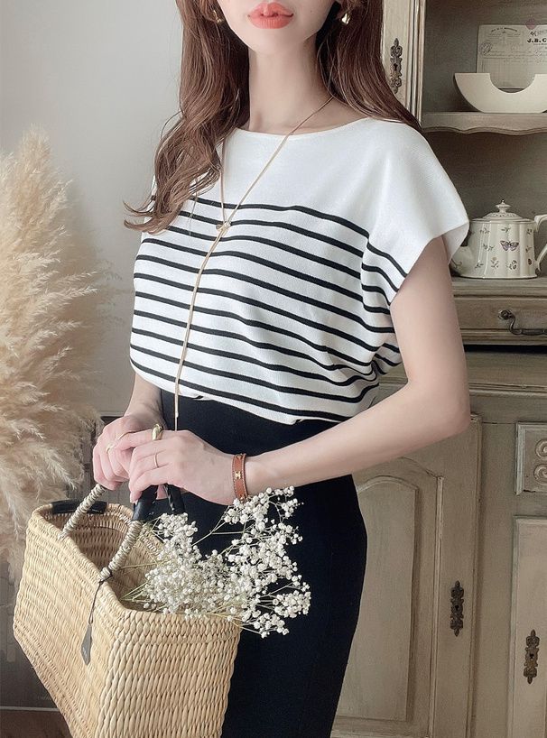 日本 GRL - 定番款 條紋針織法式袖上衣-米杏x黑 (F)