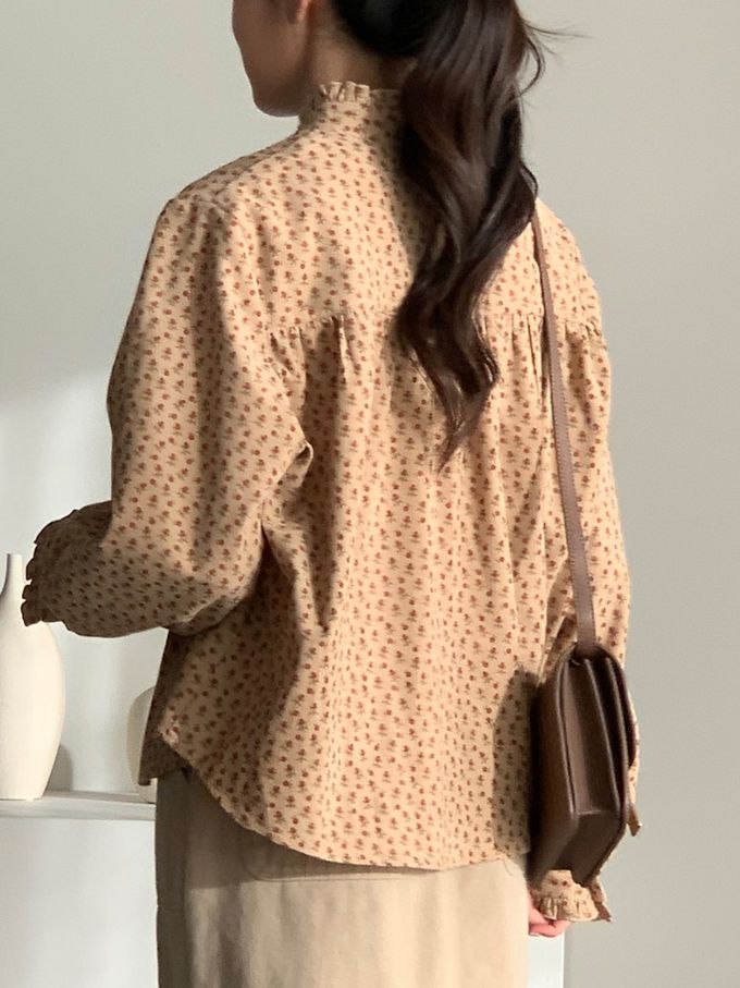 韓國女裝連線 - 滿版小花朵燈芯絨長袖襯衫-卡其 (FREE)