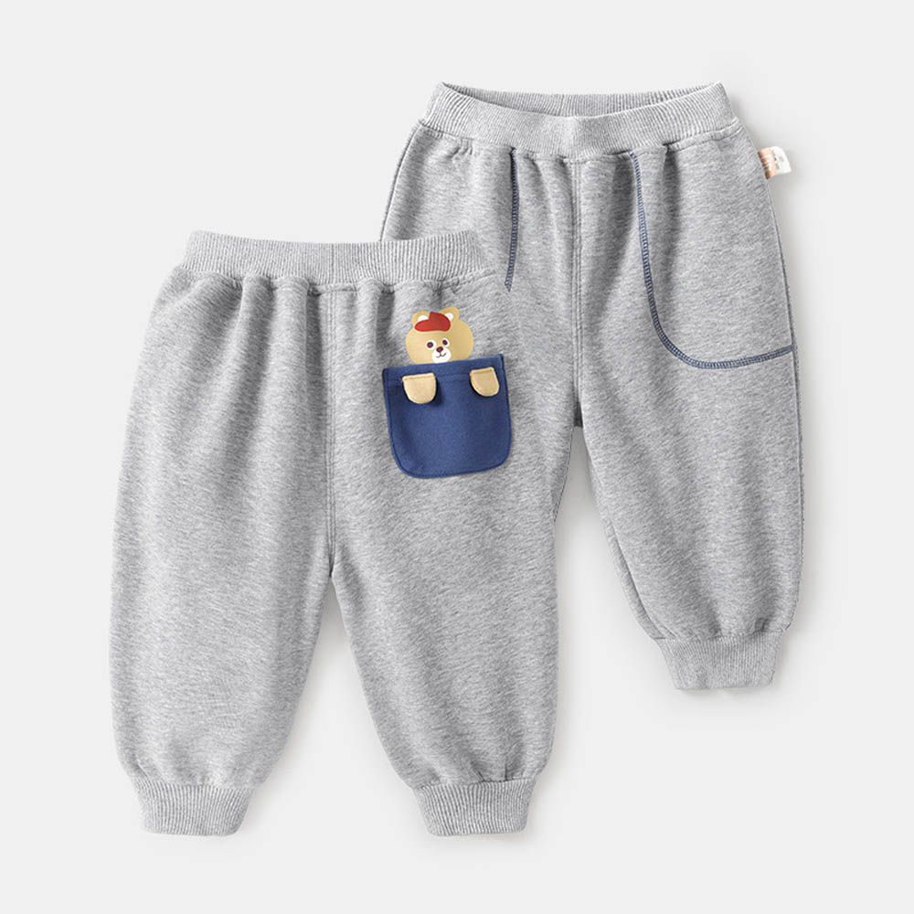 腰鬆緊運動休閒長褲-後立體拼色口袋-麻灰色