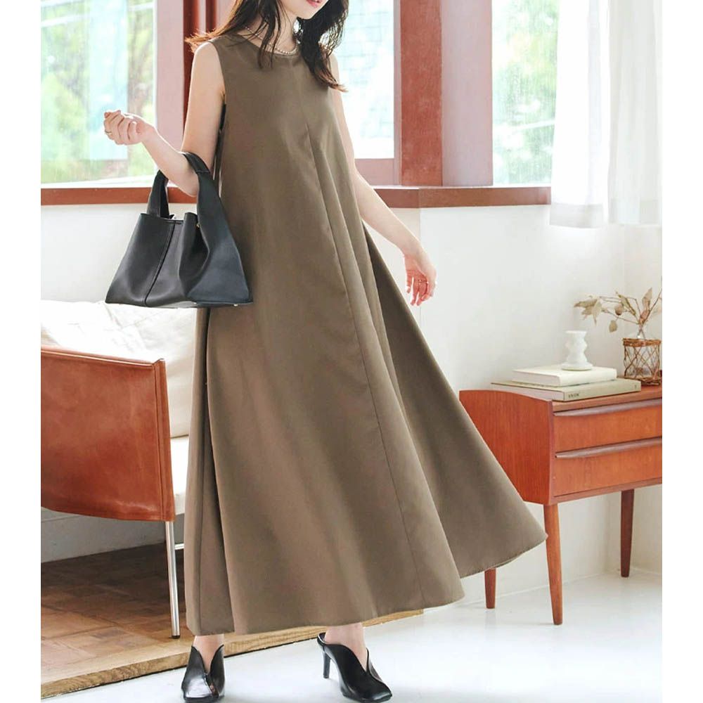 時尚休閒A字傘狀無袖洋裝-摩卡棕