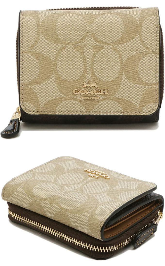 COACH - 馬車LOGO撞色皮革短夾 (白咖)