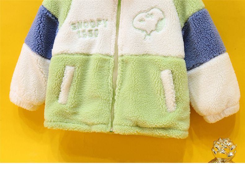 卡通人物史努比羊羔絨半高領拼色外套-SNOOPY刺繡-橘色