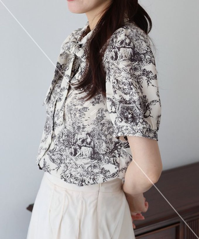 日本 BLUE EAST - 氣質蝴蝶結雪紡小澎袖襯衫-深藍