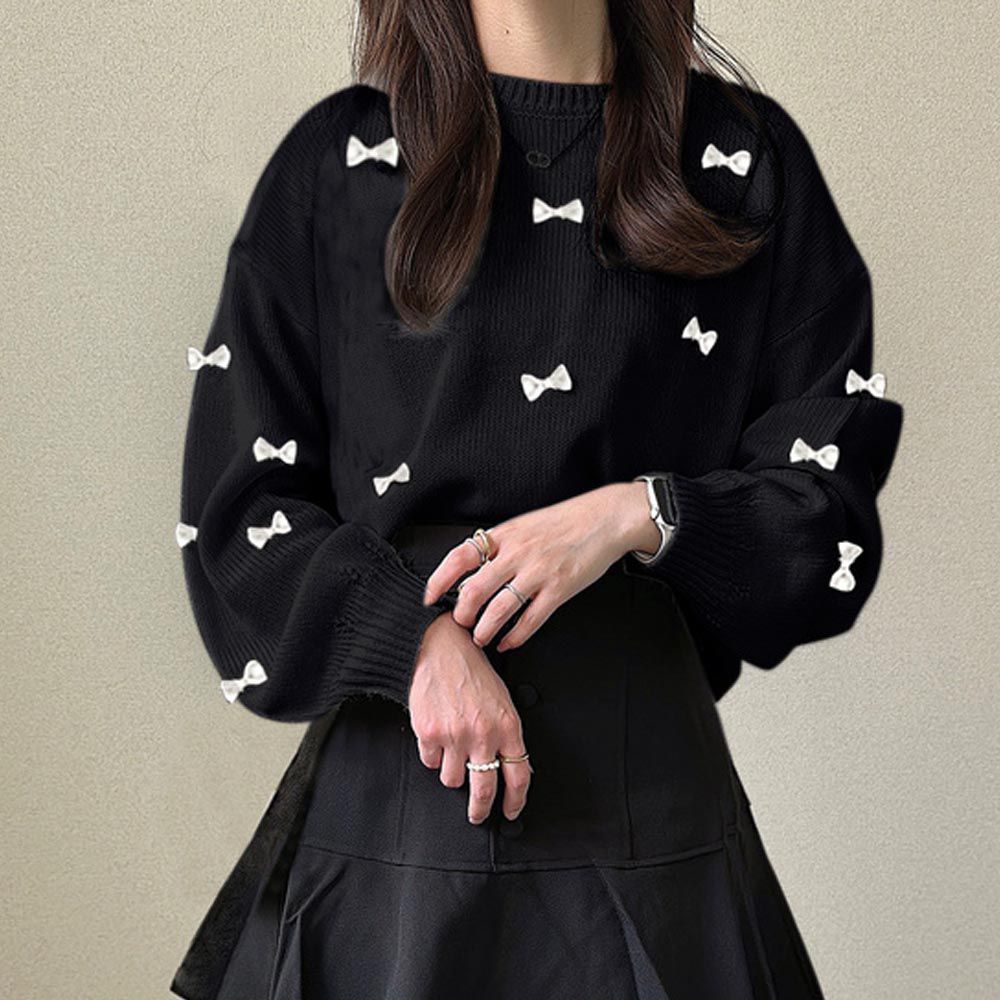 日本 GRL - 甜美滿版蝴蝶結針織長袖上衣-黑色 (F)