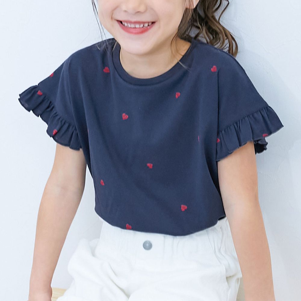 小愛心飄逸荷葉短袖上衣-海軍藍x紅