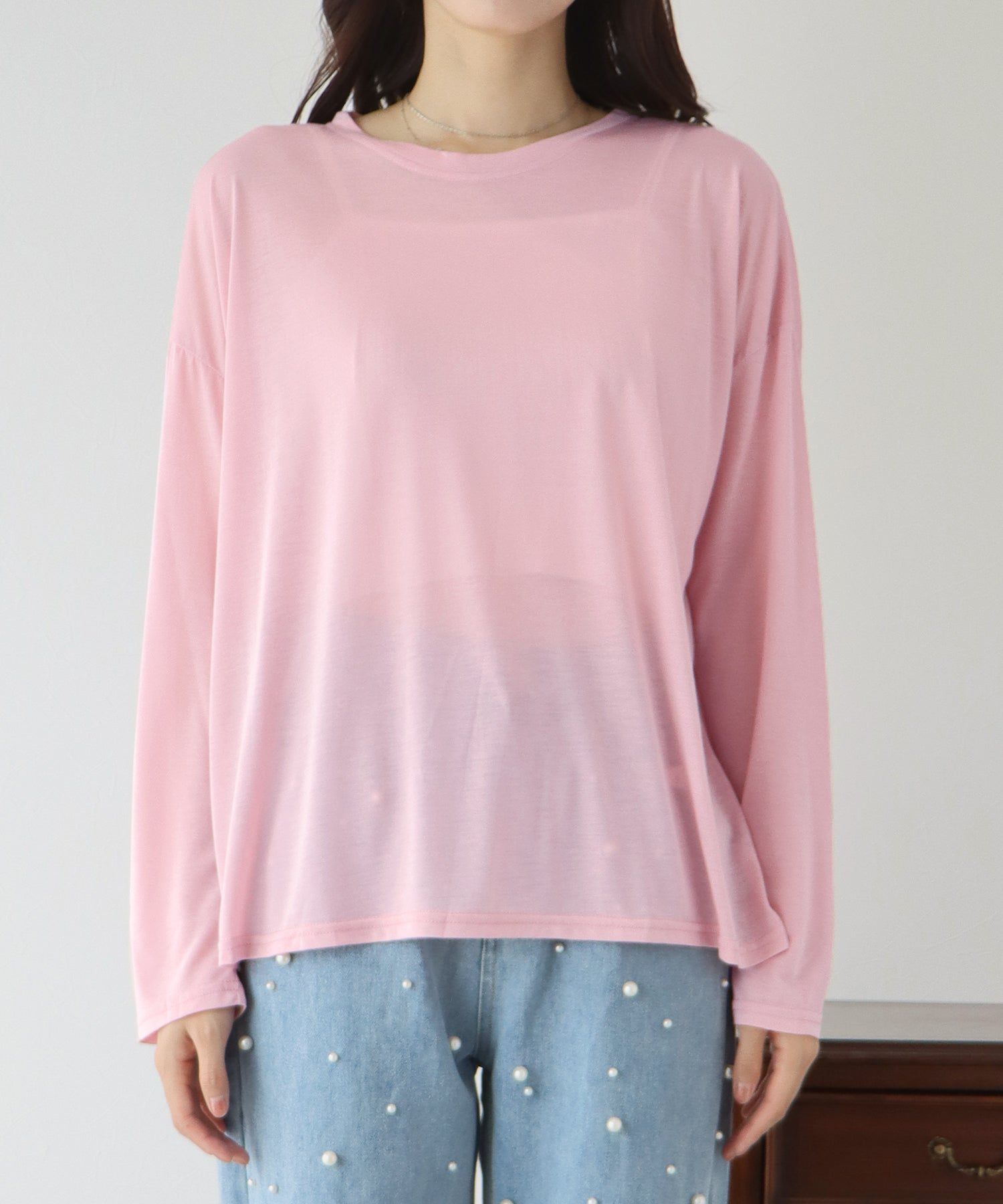 日本 BLUE EAST - 柔軟薄透落肩長袖上衣-粉