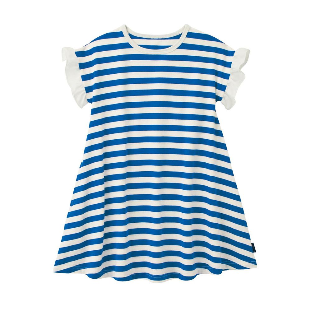 日本千趣會 - GITA 荷葉邊拼接條紋短袖洋裝-藍