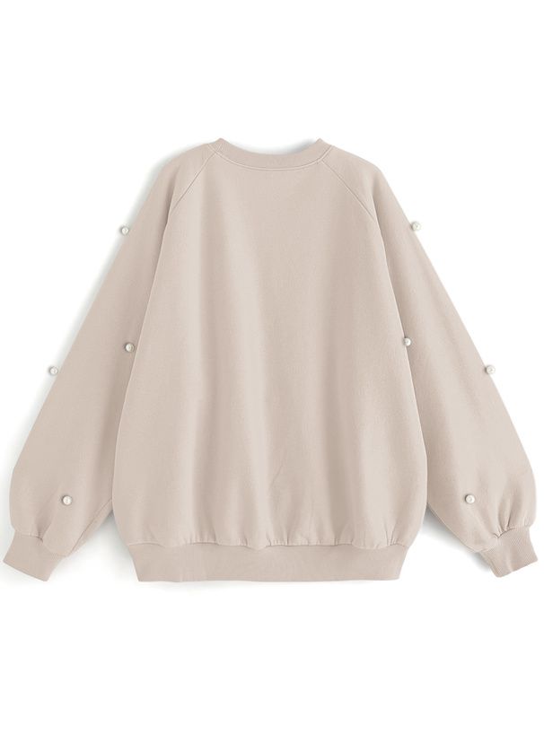 日本 GRL - 圓領磨毛珍珠點綴大學T-灰藍 (F)