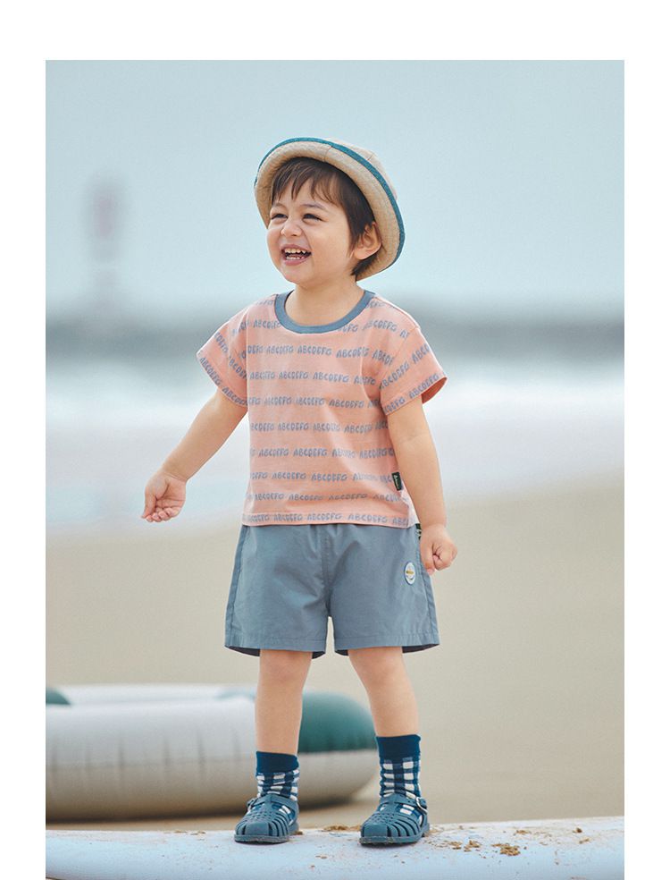 百搭休閒短袖套裝-英文字母-粉+藍