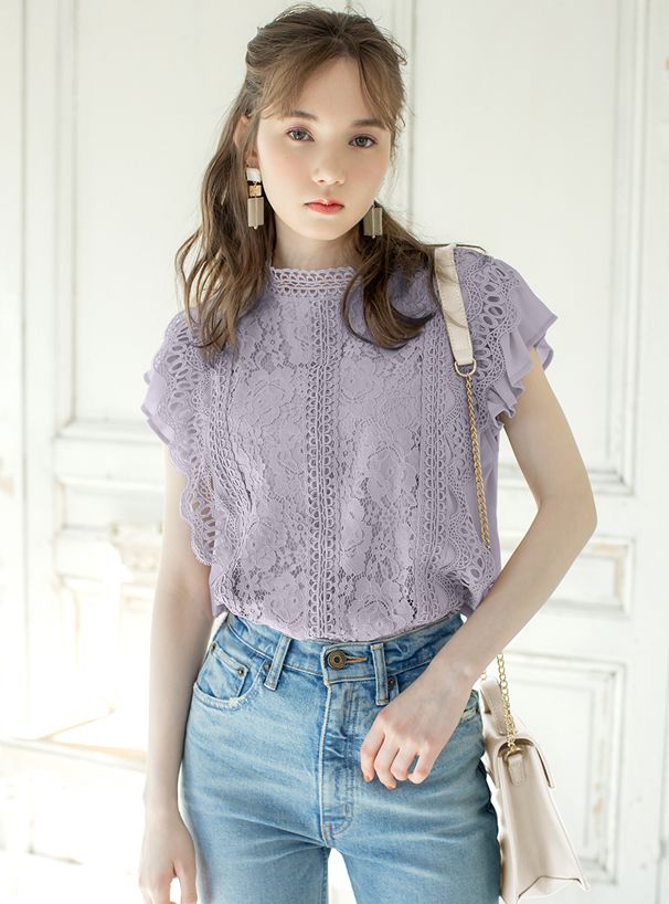 日本 GRL - 微立領氣質蕾絲短袖上衣-白