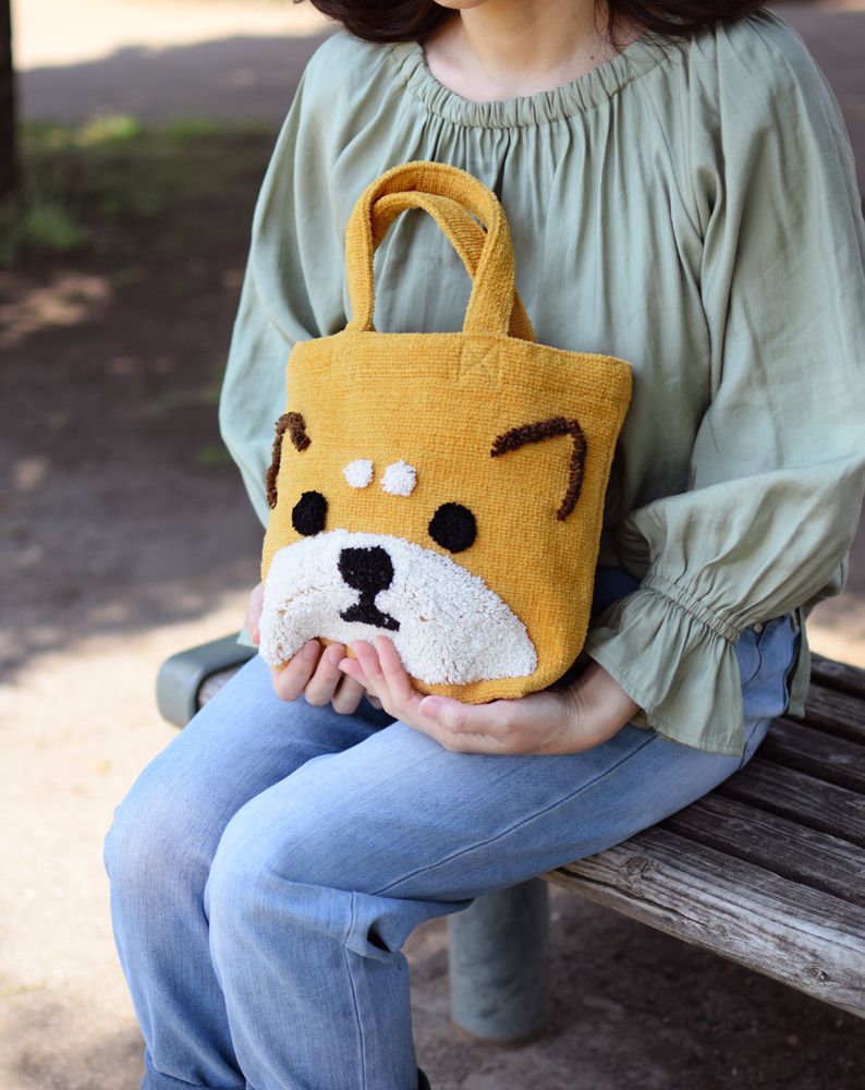 日本 TOMO - 可愛動物刺繡帆布包/提袋-柴犬-芥末 (29×21×D10cm)