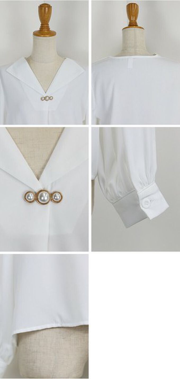 日本 BLUE EAST - 魅力珍珠扣造型V領長袖襯衫-白