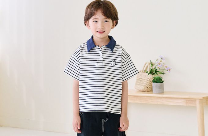 韓國 Bebezoo - 刺繡品牌標誌翻領短袖上衣-橫紋-海軍藍