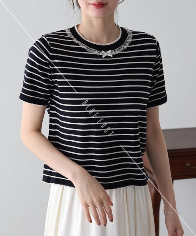 日本 BLUE EAST - 蕾絲蝴蝶結領條紋針織短袖上衣-象牙白