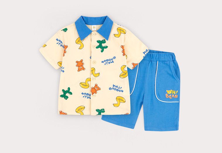 韓國 HEJMINI - 氣球印花排扣襯衫套裝-米X藍