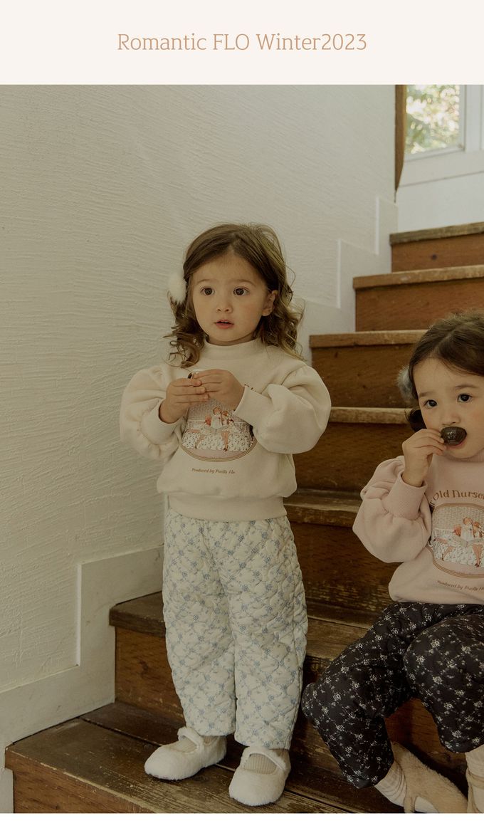 韓國 Puellaflo - 冬日溫暖印花絎縫長褲-藍花